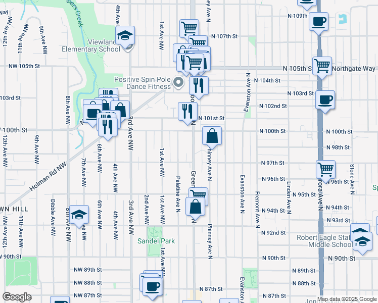 map of restaurants, bars, coffee shops, grocery stores, and more near in Seattle