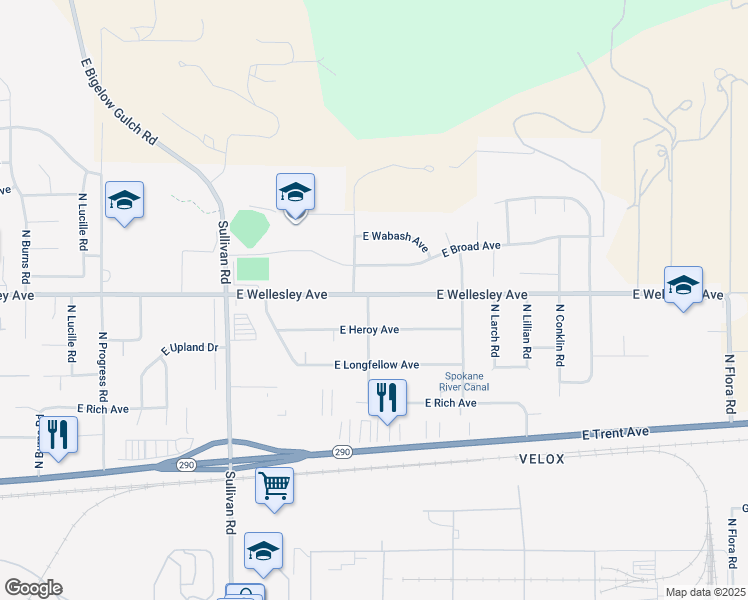 map of restaurants, bars, coffee shops, grocery stores, and more near 4720 North Moore Road in Spokane Valley