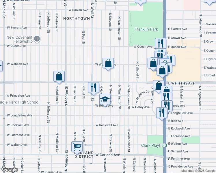 map of restaurants, bars, coffee shops, grocery stores, and more near 4520 North Howard Street in Spokane