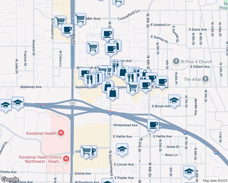 map of restaurants, bars, coffee shops, grocery stores, and more near 2500 North Government Way in Coeur d'Alene