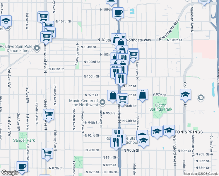 map of restaurants, bars, coffee shops, grocery stores, and more near 928 North 97th Street in Seattle