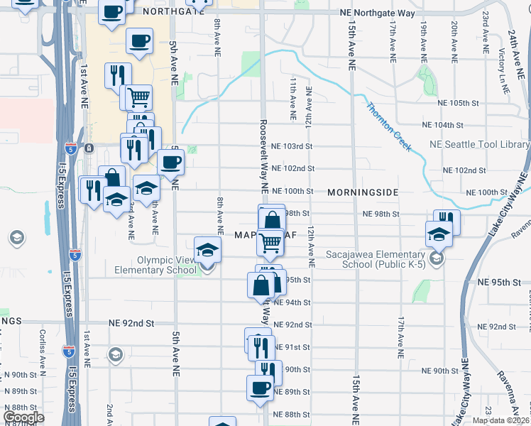 map of restaurants, bars, coffee shops, grocery stores, and more near Roosevelt Way NE & NE 98th St in Seattle