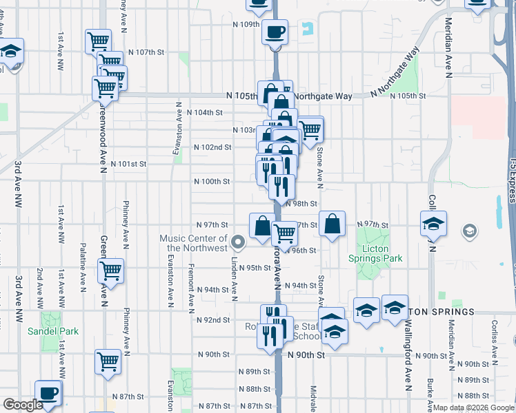 map of restaurants, bars, coffee shops, grocery stores, and more near 931 North 98th Street in Seattle