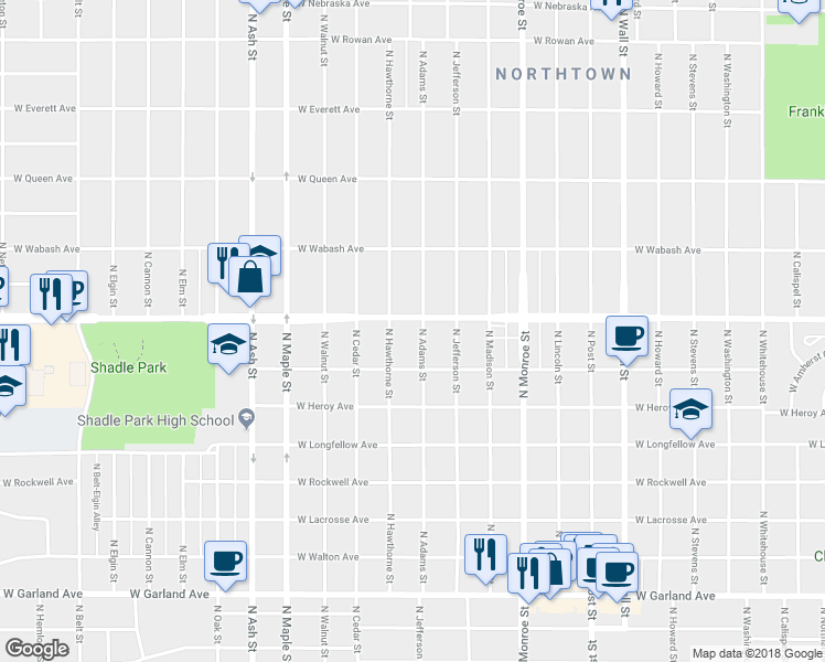 map of restaurants, bars, coffee shops, grocery stores, and more near 4514 North Hawthorne Street in Spokane
