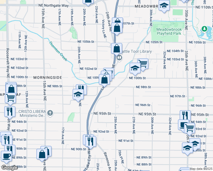 map of restaurants, bars, coffee shops, grocery stores, and more near 9700 Lake City Way Northeast in Seattle