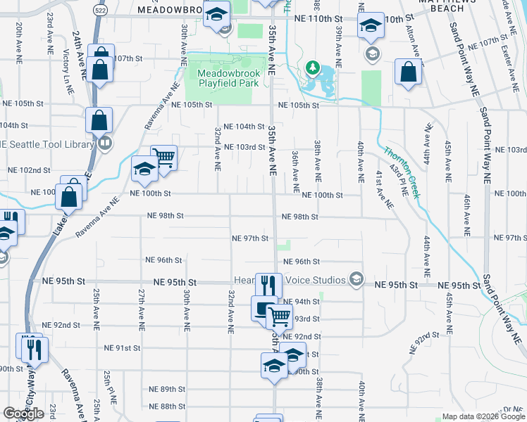 map of restaurants, bars, coffee shops, grocery stores, and more near 3242 Northeast 98th Street in Seattle