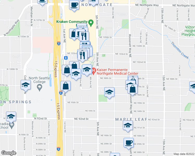 map of restaurants, bars, coffee shops, grocery stores, and more near 5th Avenue Northeast & Northeast 98th Street in Seattle