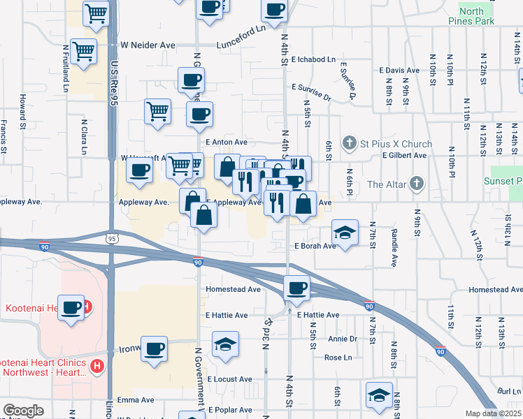 map of restaurants, bars, coffee shops, grocery stores, and more near 218 East Appleway Avenue in Coeur d'Alene