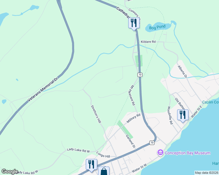 map of restaurants, bars, coffee shops, grocery stores, and more near 47 Strettons Hill in Harbour Grace