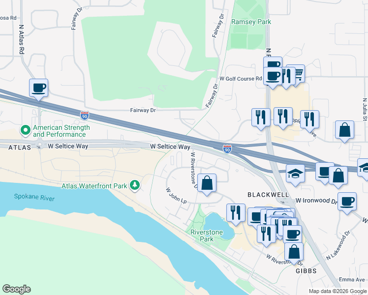 map of restaurants, bars, coffee shops, grocery stores, and more near 2199 West Seltice Way in Post Falls