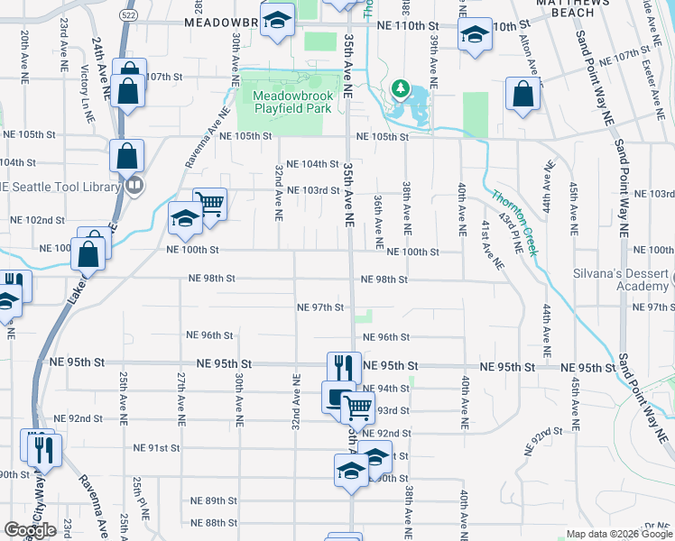 map of restaurants, bars, coffee shops, grocery stores, and more near 3242 Northeast 98th Street in Seattle