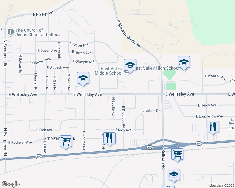map of restaurants, bars, coffee shops, grocery stores, and more near 14701 East Wellesley Avenue in Spokane Valley