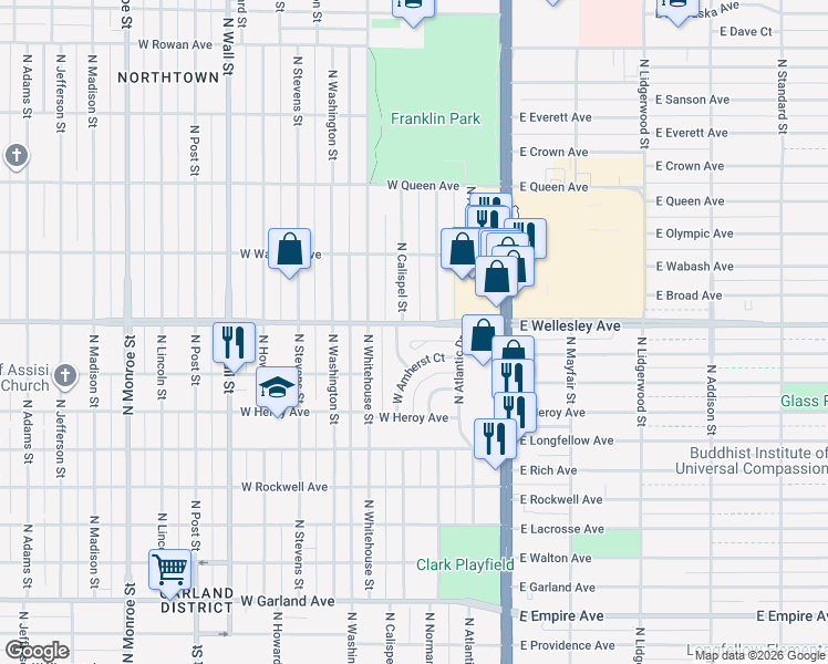 map of restaurants, bars, coffee shops, grocery stores, and more near 4515 North Calispel Street in Spokane