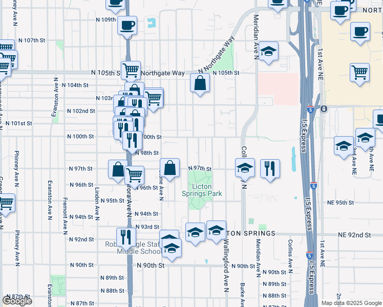 map of restaurants, bars, coffee shops, grocery stores, and more near 9710A Ashworth Avenue North in Seattle