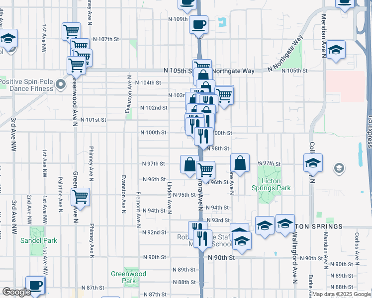 map of restaurants, bars, coffee shops, grocery stores, and more near 928 North 97th Street in Seattle