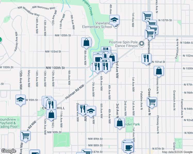 map of restaurants, bars, coffee shops, grocery stores, and more near 612 Northwest 97th Street in Seattle