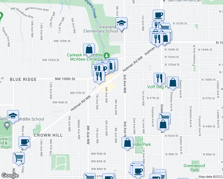 map of restaurants, bars, coffee shops, grocery stores, and more near 9724 6th Avenue Northwest in Seattle