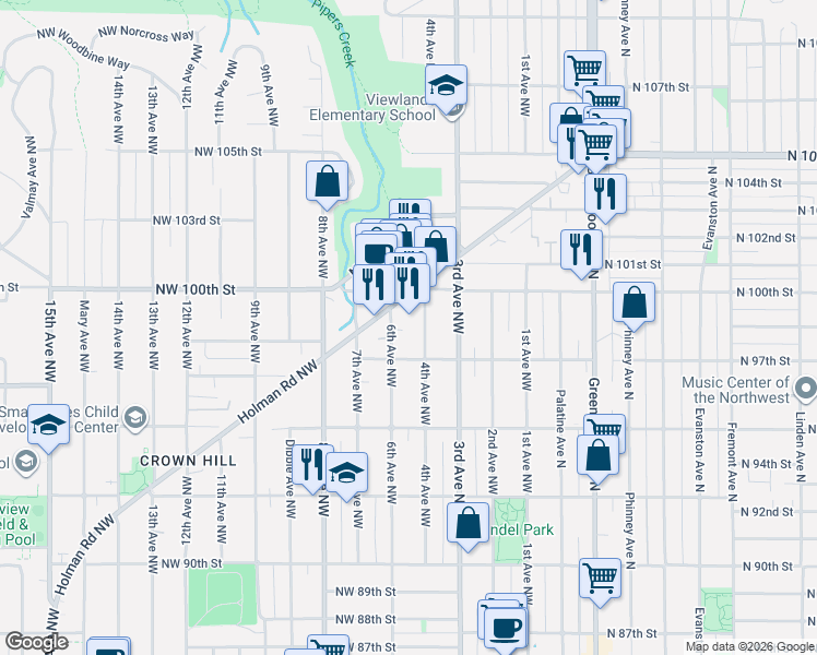 map of restaurants, bars, coffee shops, grocery stores, and more near 9724 6th Avenue Northwest in Seattle