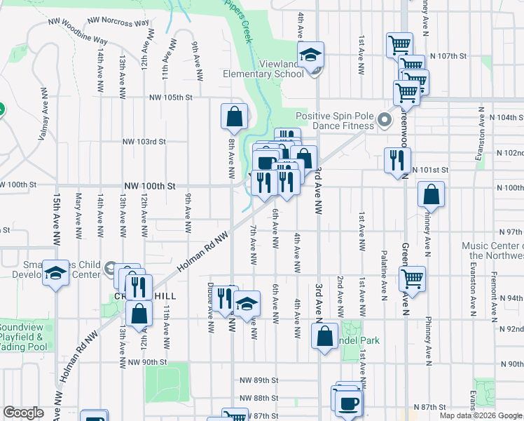 map of restaurants, bars, coffee shops, grocery stores, and more near 612 Northwest 97th Street in Seattle