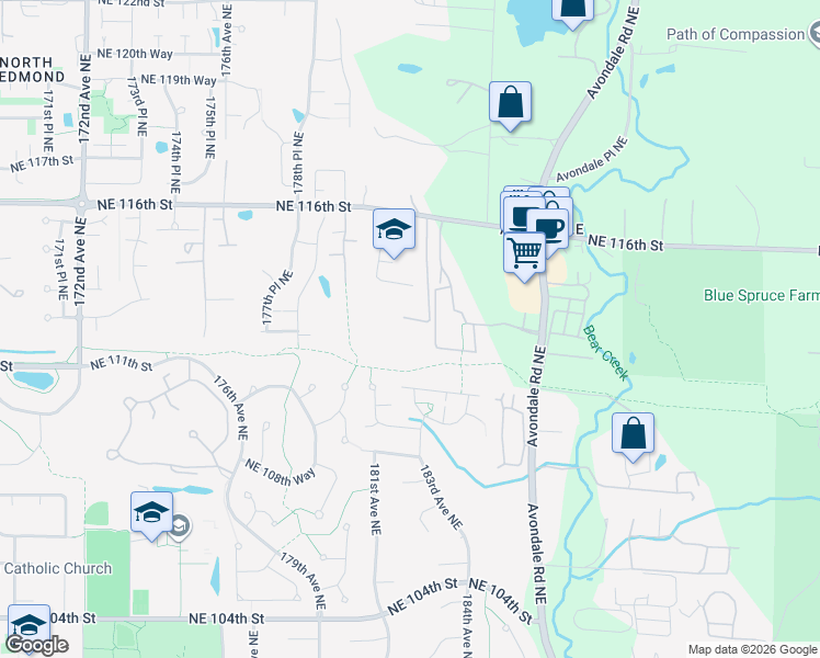map of restaurants, bars, coffee shops, grocery stores, and more near 18115 Northeast 113th Street in Redmond