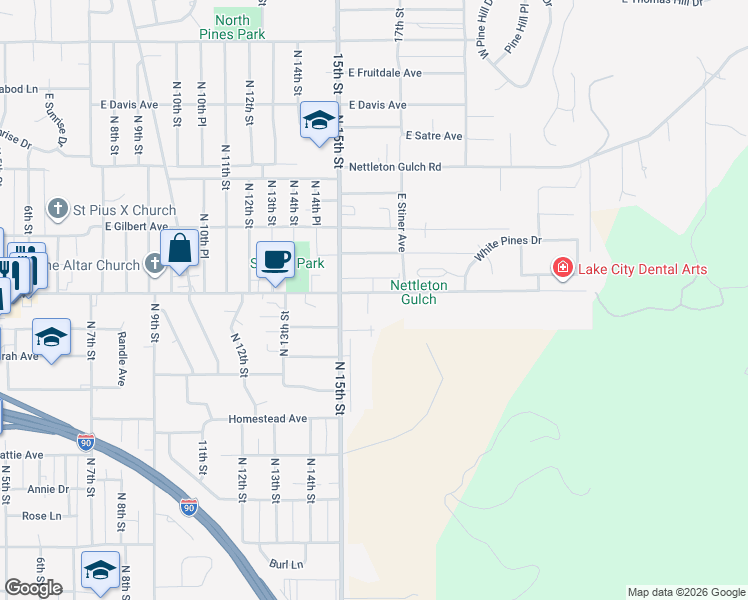map of restaurants, bars, coffee shops, grocery stores, and more near 1604 East Best Avenue in Coeur d'Alene