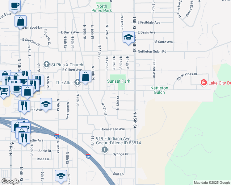map of restaurants, bars, coffee shops, grocery stores, and more near 1286 East Best Avenue in Coeur d'Alene