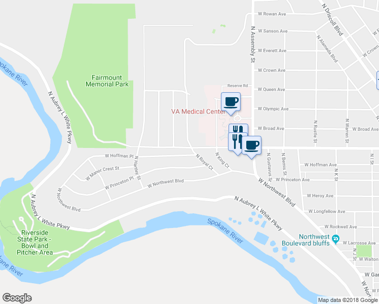 map of restaurants, bars, coffee shops, grocery stores, and more near 4806 West Hoffman Place in Spokane