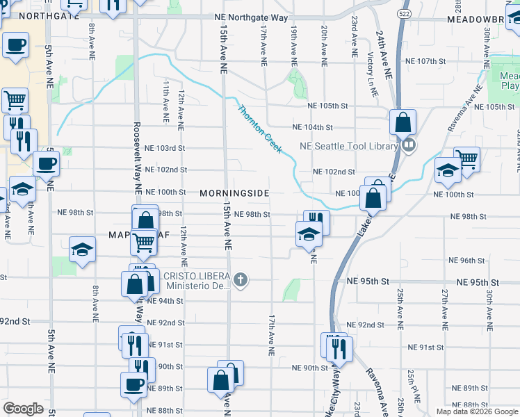 map of restaurants, bars, coffee shops, grocery stores, and more near 9717 17th Avenue Northeast in Seattle