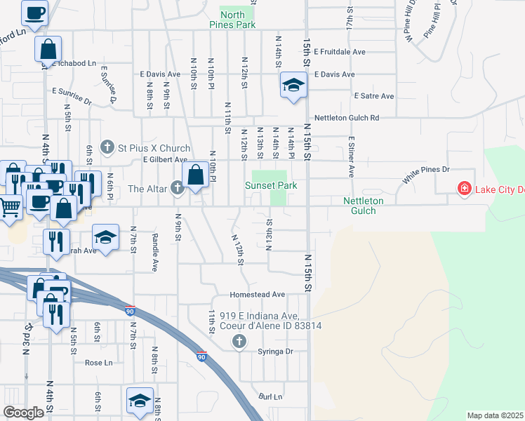 map of restaurants, bars, coffee shops, grocery stores, and more near 1286 East Best Avenue in Coeur d'Alene