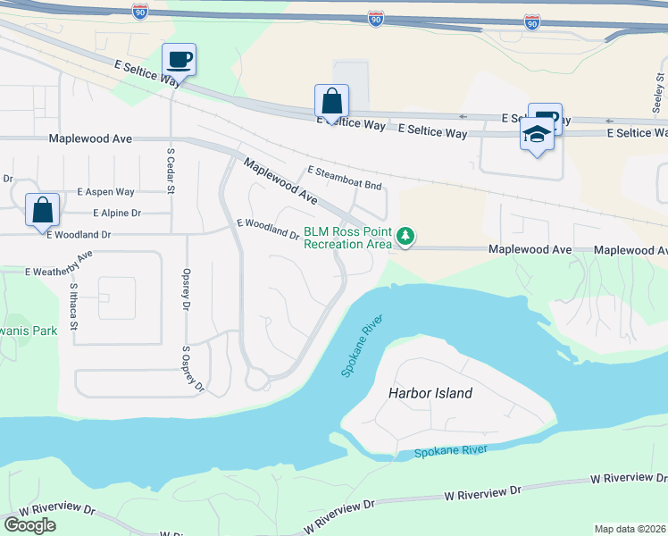 map of restaurants, bars, coffee shops, grocery stores, and more near 1311 Riverside Harbor Drive East in Post Falls