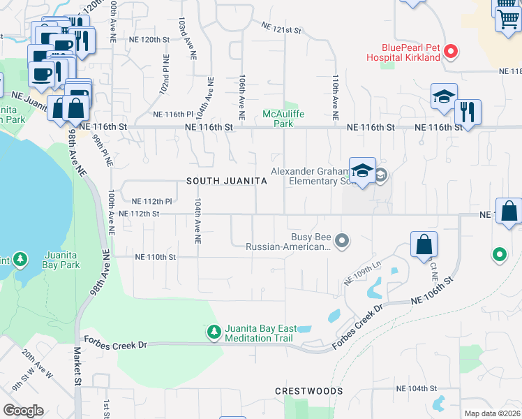 map of restaurants, bars, coffee shops, grocery stores, and more near 11122 106th Avenue Northeast in Kirkland