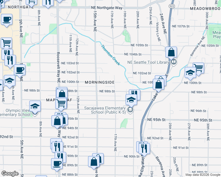 map of restaurants, bars, coffee shops, grocery stores, and more near 9717 17th Avenue Northeast in Seattle