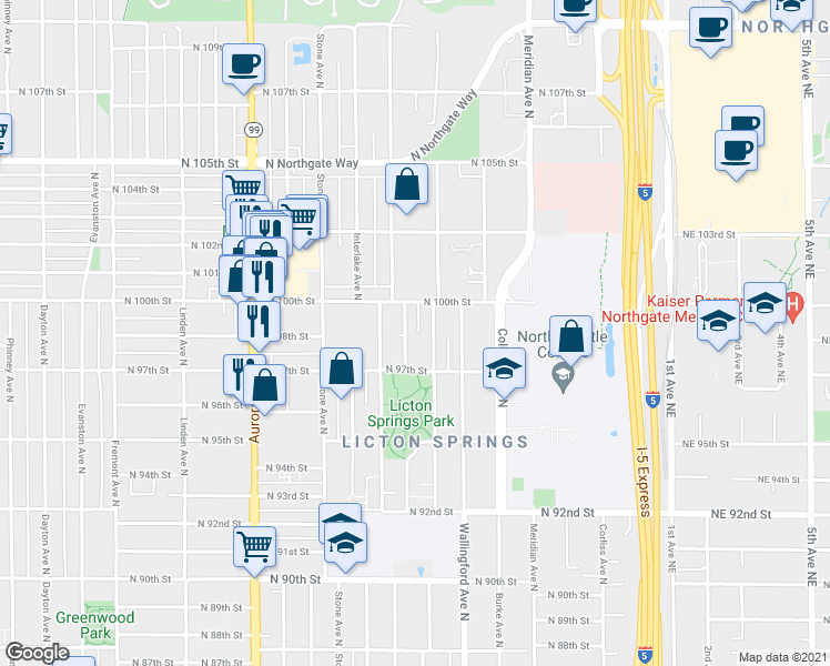 map of restaurants, bars, coffee shops, grocery stores, and more near 9710 Woodlawn Avenue North in Seattle