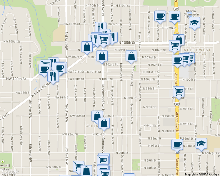 map of restaurants, bars, coffee shops, grocery stores, and more near 9710 Greenwood Avenue North in Seattle