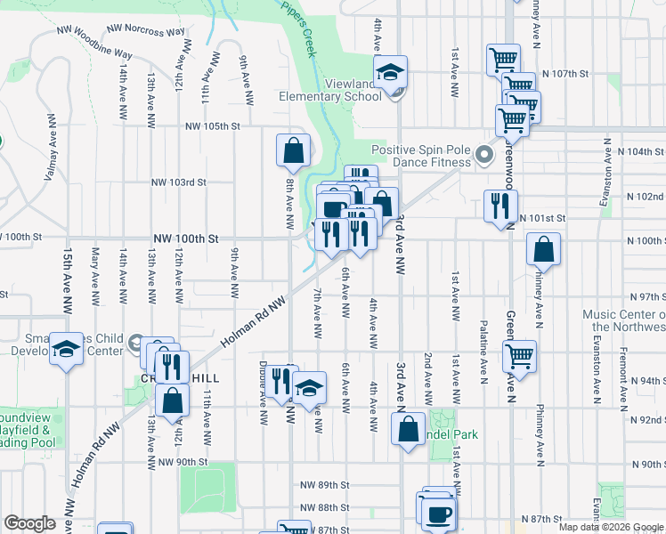 map of restaurants, bars, coffee shops, grocery stores, and more near 612 Northwest 97th Street in Seattle