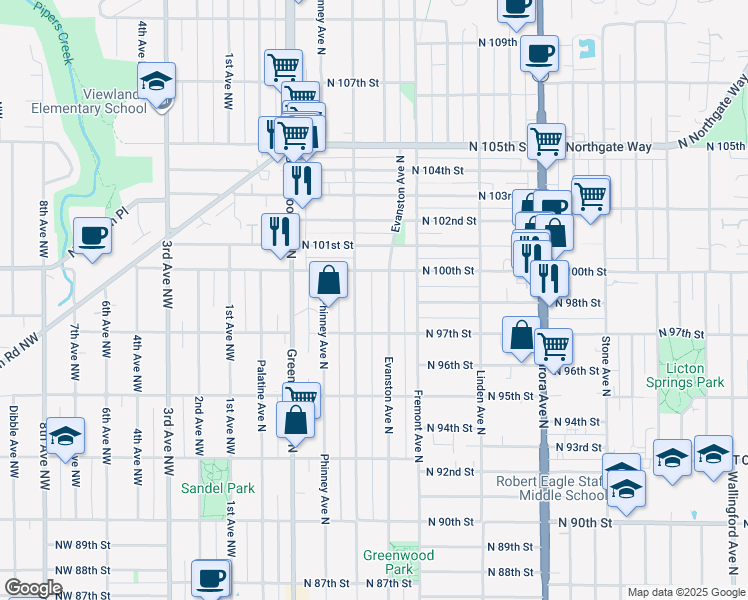 map of restaurants, bars, coffee shops, grocery stores, and more near 9735 Evanston Avenue North in Seattle