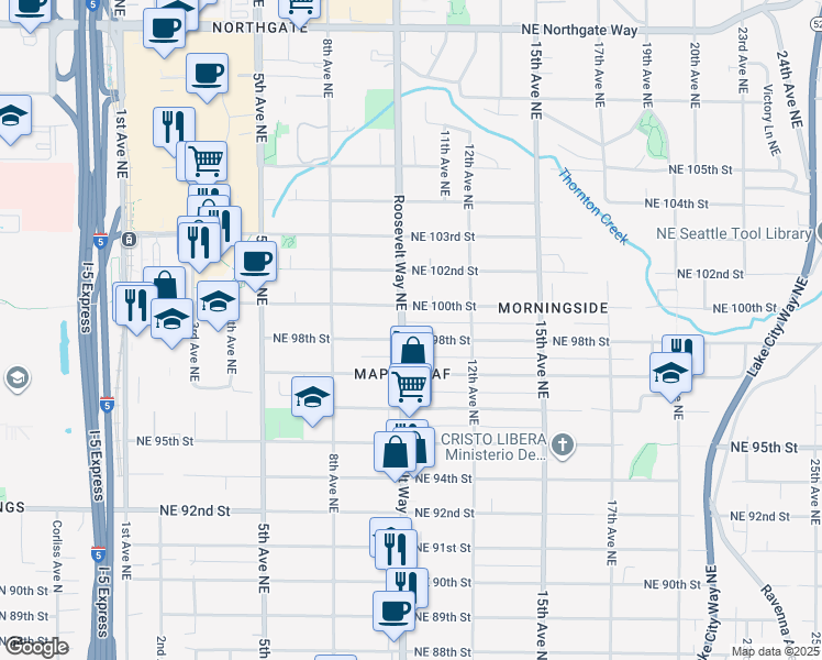 map of restaurants, bars, coffee shops, grocery stores, and more near 9800 Roosevelt Way Northeast in Seattle