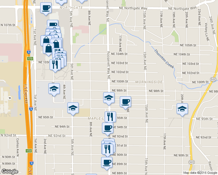 map of restaurants, bars, coffee shops, grocery stores, and more near 9818 Roosevelt Way Northeast in Seattle