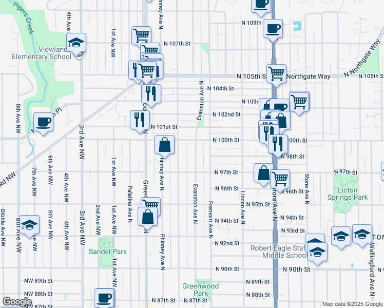map of restaurants, bars, coffee shops, grocery stores, and more near 9735 Evanston Avenue North in Seattle
