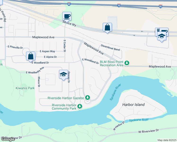 map of restaurants, bars, coffee shops, grocery stores, and more near 5047 East River Place in Post Falls