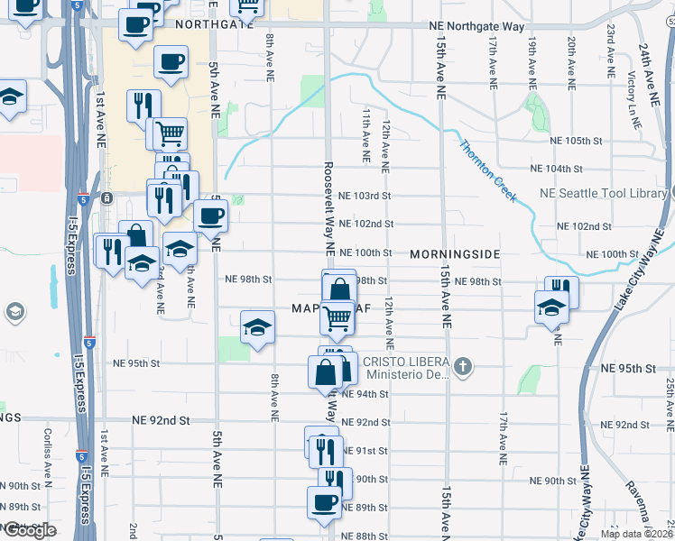 map of restaurants, bars, coffee shops, grocery stores, and more near 9719 Roosevelt Way Northeast in Seattle