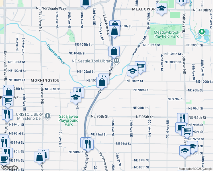 map of restaurants, bars, coffee shops, grocery stores, and more near 9700 Lake City Way Northeast in Seattle