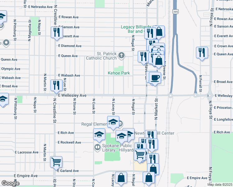 map of restaurants, bars, coffee shops, grocery stores, and more near 2707 East Hoffman Avenue in Spokane
