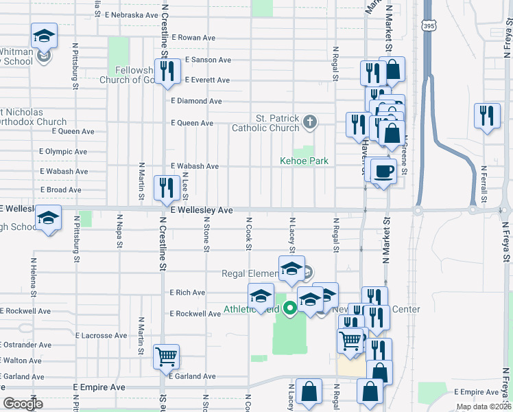map of restaurants, bars, coffee shops, grocery stores, and more near 2427 East Hoffman Avenue in Spokane
