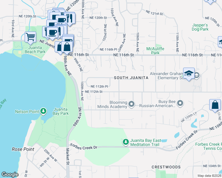 map of restaurants, bars, coffee shops, grocery stores, and more near 10317 Northeast 112th Street in Kirkland