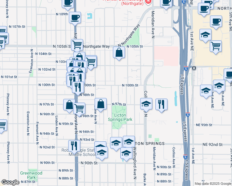 map of restaurants, bars, coffee shops, grocery stores, and more near 9710 Woodlawn Avenue North in Seattle