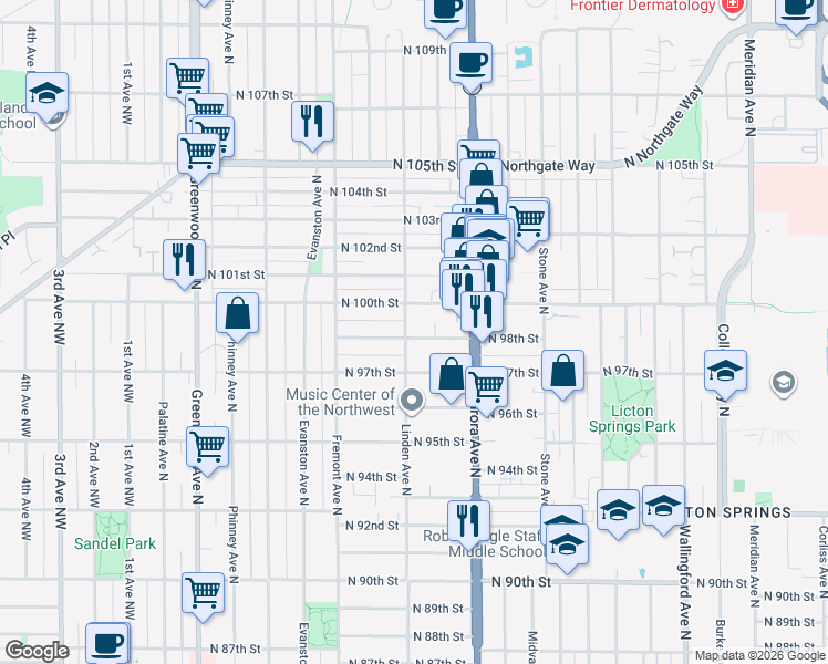 map of restaurants, bars, coffee shops, grocery stores, and more near 9707 Linden Avenue North in Seattle