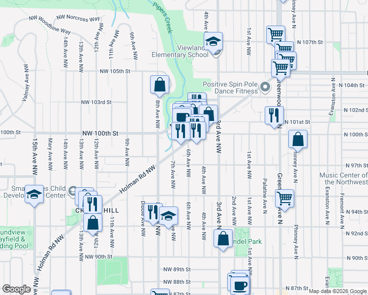 map of restaurants, bars, coffee shops, grocery stores, and more near 612 Northwest 97th Street in Seattle