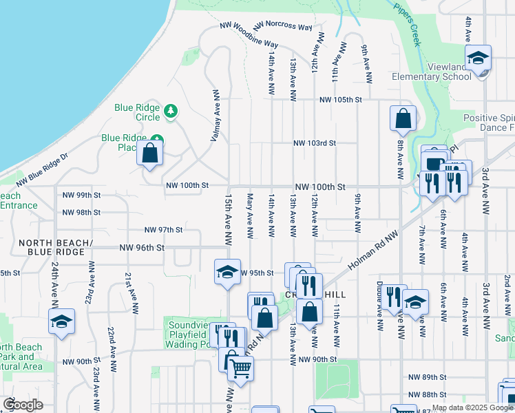 map of restaurants, bars, coffee shops, grocery stores, and more near 9623 14th Avenue Northwest in Seattle