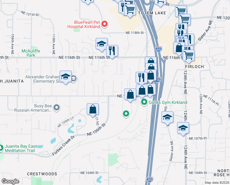 map of restaurants, bars, coffee shops, grocery stores, and more near 11222 116th Place Northeast in Kirkland